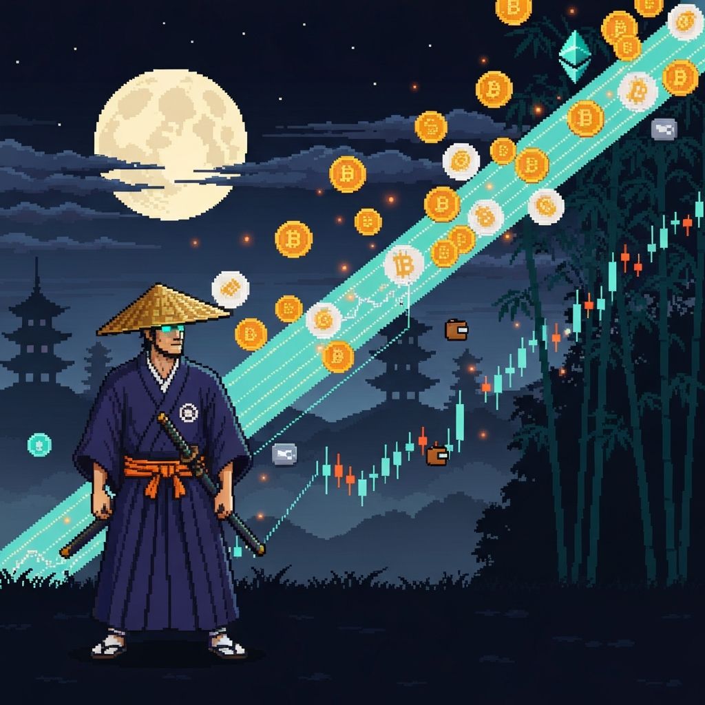 WalletTrack samurai mascot watching a stream of crypto wallets and on-chain value flow past — pixel art