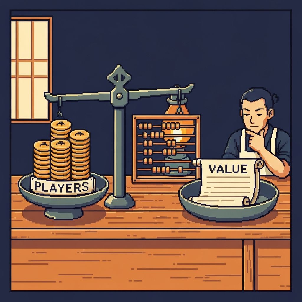 Самурай-учётчик у весов с монетами — pixel art